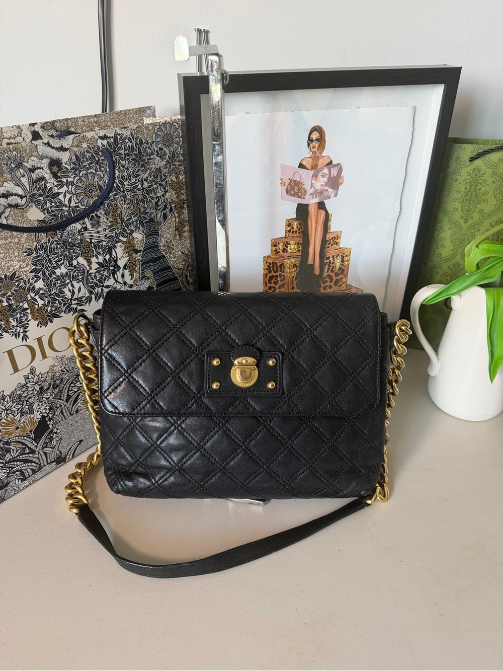 Marc Jacobs Black Quilted Leather Shoulder Bag with Gold Hardware